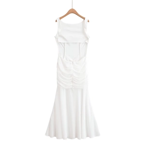 White sleeveless backless maxi dress with ruched waist and metallic buckle detail