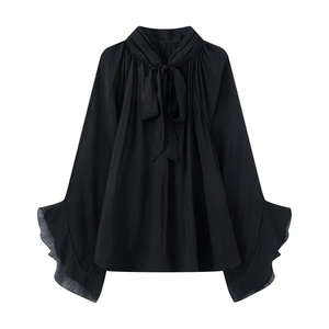 Elegant black chiffon blouse with bow tie neck and ruffled sleeves in a flowing design