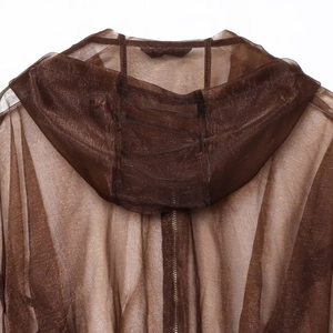 Translucent dark brown organza hooded jacket with metallic shimmer and center zip