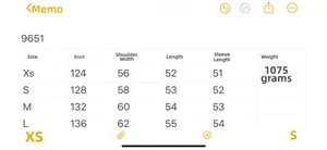 Size guide for women's long sleeve jacket showing bust and sleeve length measurements