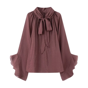 Elegant dusty rose chiffon blouse with bow tie high neck and ruffled flare sleeves
