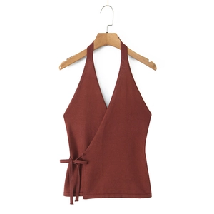 Women Knit Halter Top Sexy V Neck Wrap Tank Top Sleeveless Backless Summer Beach Vacation Slim Fit Solid Color Knitwear