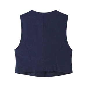 Vue arrière du gilet bleu marine ajusté montrant les coutures et la texture du tissu