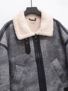 Detail of grey shearling biker jacket showing faux fur collar and black zipper with pull ring