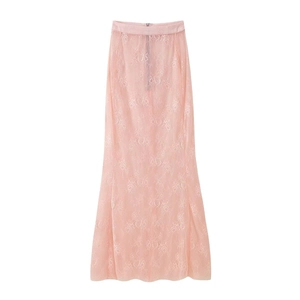 Elegant light pink floral lace maxi skirt with intricate embroidery and smooth waist