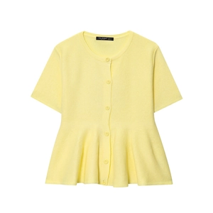 Women's Short Sleeve Knitted Cardigan Round Neck Peplum Hem Top Pale Yellow Solid Color Single Breasted Knitwear Outerwear
