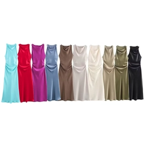 Women Sexy Sleeveless Cowl Neck Satin Midi Dress Backless Ruched Bodycon Elegant Evening Cocktail Party Slip Dress