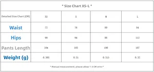 Detailed size guide for women's trousers with waist and hip measurements from XS to L