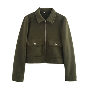 Chaqueta corta de tweed para mujer en verde oliva oscuro con cremallera y bolsillos