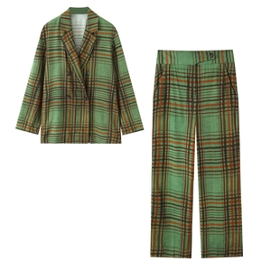 Detail of green and brown plaid suit showing double-breasted blazer and trousers texture