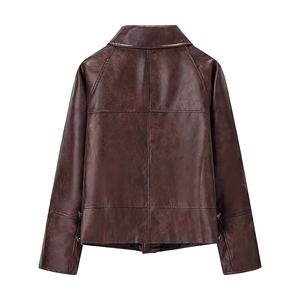 Back view of brown PU leather jacket featuring lapel collar and cross-stitch seam details