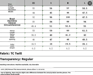 Detailed size chart for long sleeve shirt featuring XS to L measurements in CM