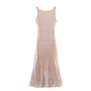 Robe Longue Élégante à Paillettes pour Femmes Sans Manches Dos Nu Robe de Soirée pour Fête Banquet Abricot Polyester Coupe Trapèze Robe Longue