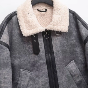 Women's grey faux suede jacket with white fleece collar and silver metal zipper
