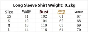 Size chart table for long sleeve shirt showing shoulder, chest, sleeve and length details