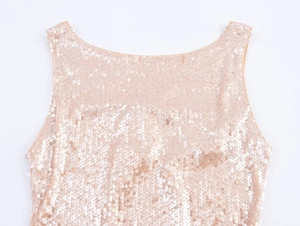 Détails des paillettes champagne haute densité sur l'élégante robe de soirée sans manches