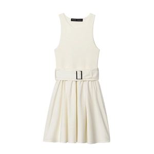 Women Fashion Sleeveless Ribbed Paneled Midi Dress With Belt Round Neck Elegant Ivory White Streetwear Party Dress