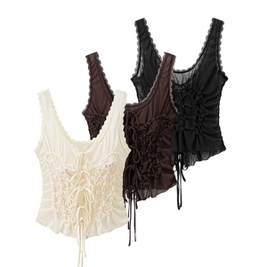 Women French Retro Lace Pleated Tank Top Sexy Slim Fit Bow Tie Mesh Camisole Solid Color Sleeveless Summer Crop Top