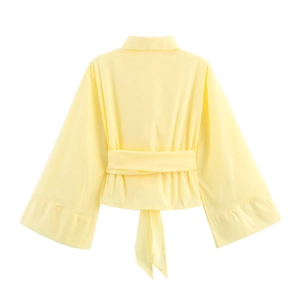 Detailed back view of a light yellow cropped shirt with wide collar and flared sleeves