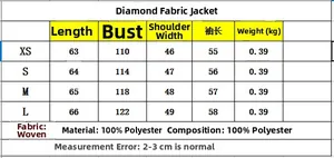 Größentabelle für Strass-Baseballjacke mit detaillierten Maßen und Polyester-Stoffdetails