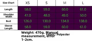 Detailed size chart for long sleeve zipper jacket showing XS-L measurements in cm