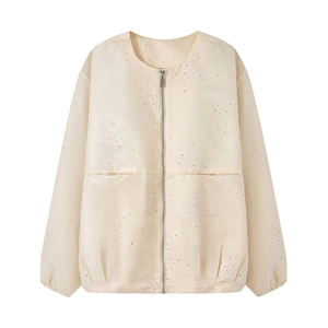 Damen Casual Strass Baseball Jacke Elegant Rundhals Langarm Reißverschluss Bomber Außenbekleidung Einfarbig Beige Loose Fit Mantel