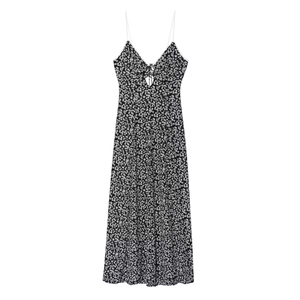 Women French Floral Spaghetti Strap Maxi Dress Deep V Neck Lace Up Hollow Out Backless A Line Long Summer Sundress