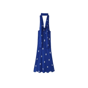 Robe midi bleue à pois blancs avec encolure licou et ruban élégant à nouer au cou
