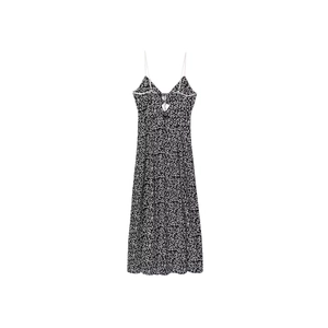 French style floral cami maxi dress with V-neck and white piping on black fabric