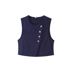 Gilet Asymétrique Bleu Marine pour Femmes Col Rond Coupe Slim Sans Manches Avec Boutons en Métal Vêtement de Bureau Élégant