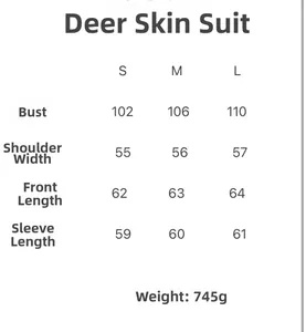 Tableau des tailles détaillé pour veste en daim femme avec mesures en S, M et L