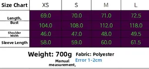 Guide des tailles pour veste longue en velours avec mesures précises et spécifications