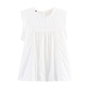 Women Casual Cotton Blend Sleeveless Blouse White Eyelet Embroidery Top With Lace Trim Round Neck Ruffle Hem Vest Tank