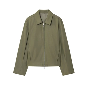 Detailed view of olive green zip-up jacket with lapel collar and silver zipper detail