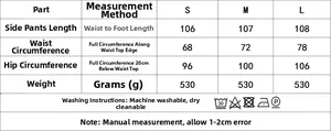 Detailed size guide table for women's trousers with waist, hip and length measurements