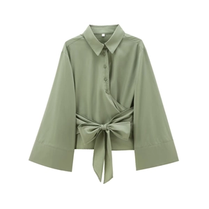 Sage green long sleeve crossover shirt with lapel collar and large front bow tie detail