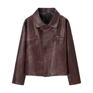Chic dark brown PU leather jacket featuring a lapel collar and three-button closure