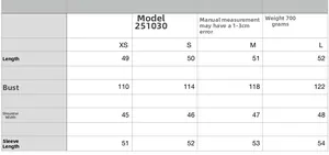 Detailed size chart for women's round neck jacket with length and bust measurements