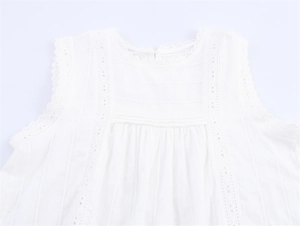 Detail of white cotton top featuring delicate lace trim and hollow embroidery textures