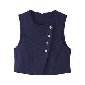 Gilet ajusté bleu marine pour femme avec boutonnière asymétrique et col rond chic