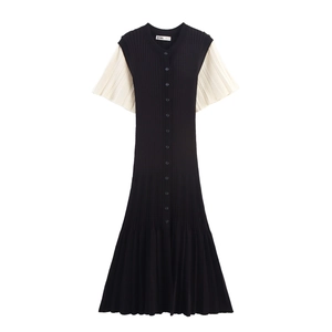 Robe Longue en Tricot Décontractée pour Femmes Patchwork Contrasté Boutonnage Simple Côtelé Élégant Col Rond Manches Courtes