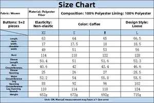Detailed size chart for the loose brown polyester bomber jacket with measurement data