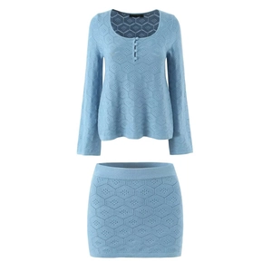 French Style Hollow Out Knit Single Breasted Top and Mini Skirt For Women Solid Blue Long Sleeve Streetwear Polyester Set