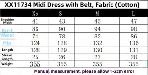 Detailed size chart for poplin midi dress showing measurements in centimeters and weights