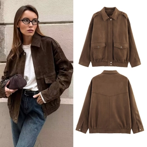 Women Vintage Faux Suede Bomber Jacket Loose Fit Lapel Zipper Outerwear Coat With Cargo Pockets Street Casual Wear