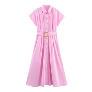 Detailed view of pink poplin midi dress with pleated bodice and belted waist buckle