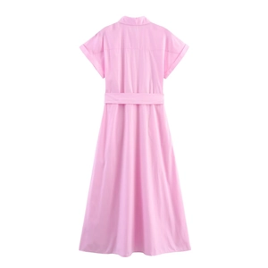 Detail of pink poplin midi dress featuring short sleeves and matching fabric belt