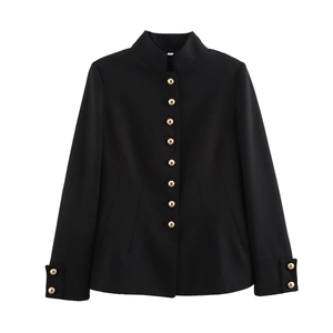Women's black stand collar blazer jacket with decorative gold buttons on a white background