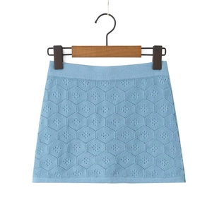 Detail of light blue knit mini skirt with honeycomb pointelle texture and A-line cut