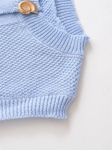 Detail of light blue knit vest featuring textured ribs and a decorative gold shell button
